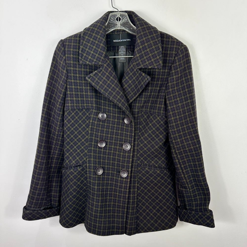 Vtg Moda International Plaid Peacoat Womens Small Wool Blend 90s Grunge Academia